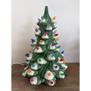Vtg Atlantic Mold Ceramic Christmas Tree Flocked Snow W Bulbs, 10 No Base 1982